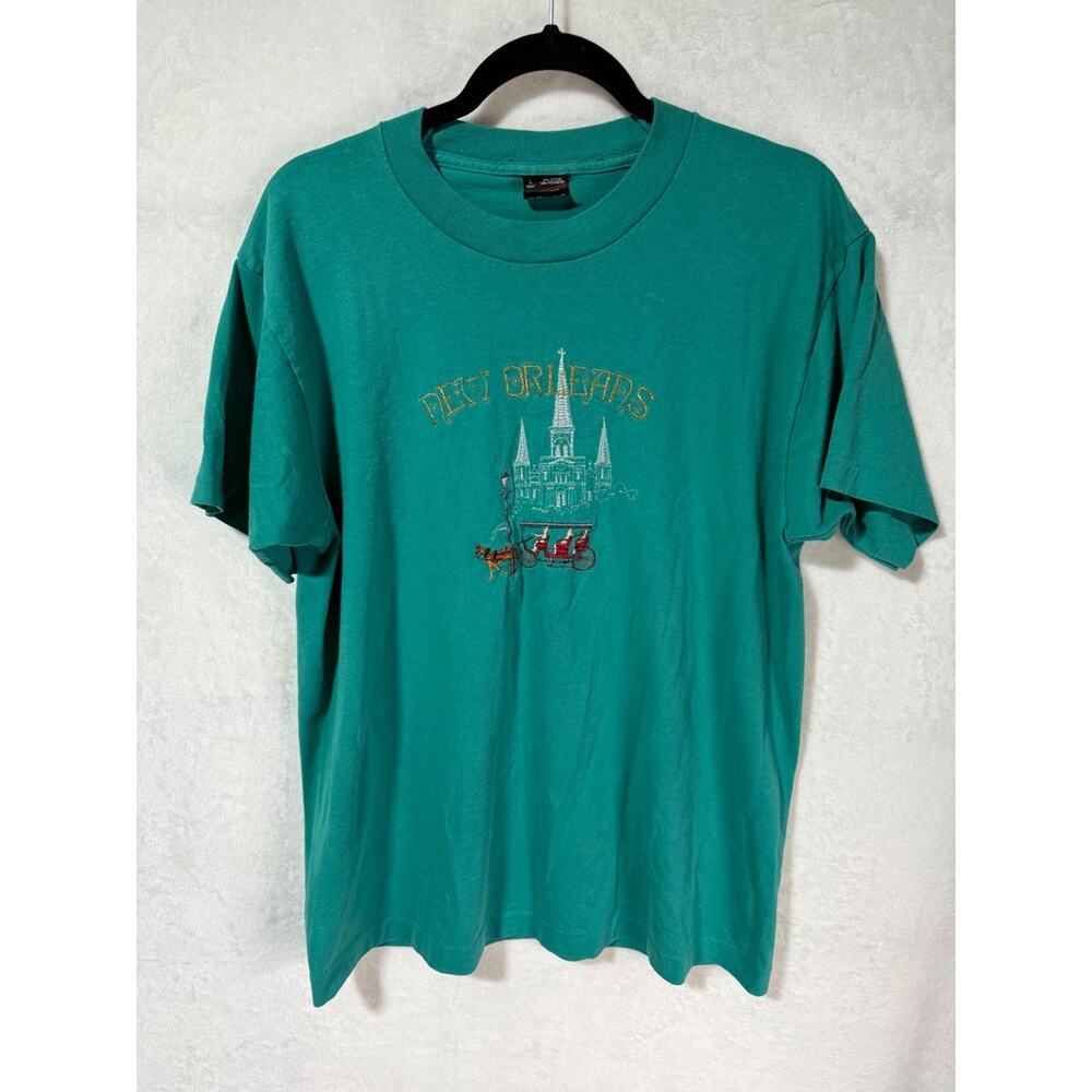 Vintage New Orleans Embroidered Horse Carriage Green Single Stitch Shirt Size L